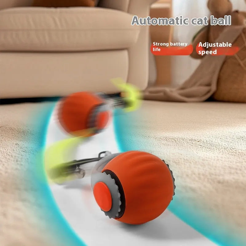 Automatic rolling cat toy ball in silicone with blue or orange colour options and gun grip handle