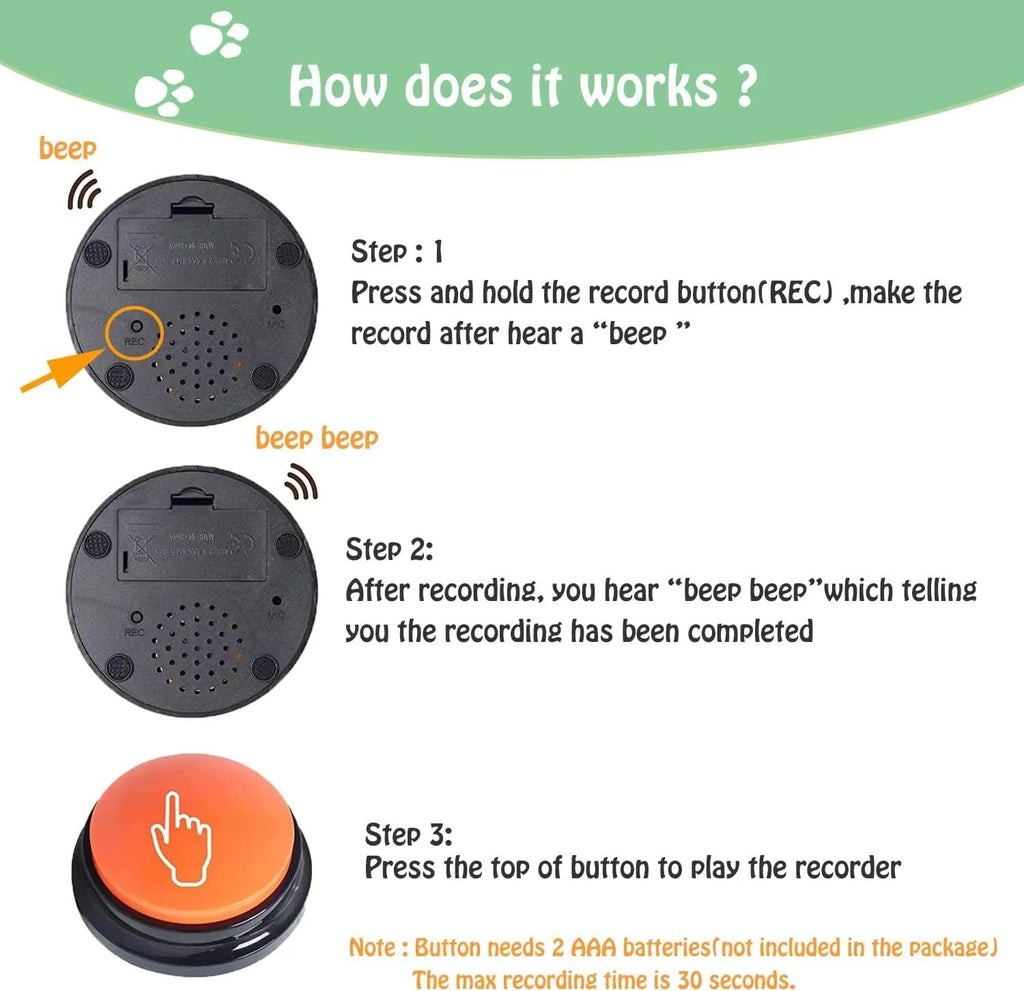 Colourful voice recording button for dog training with record and playback function.