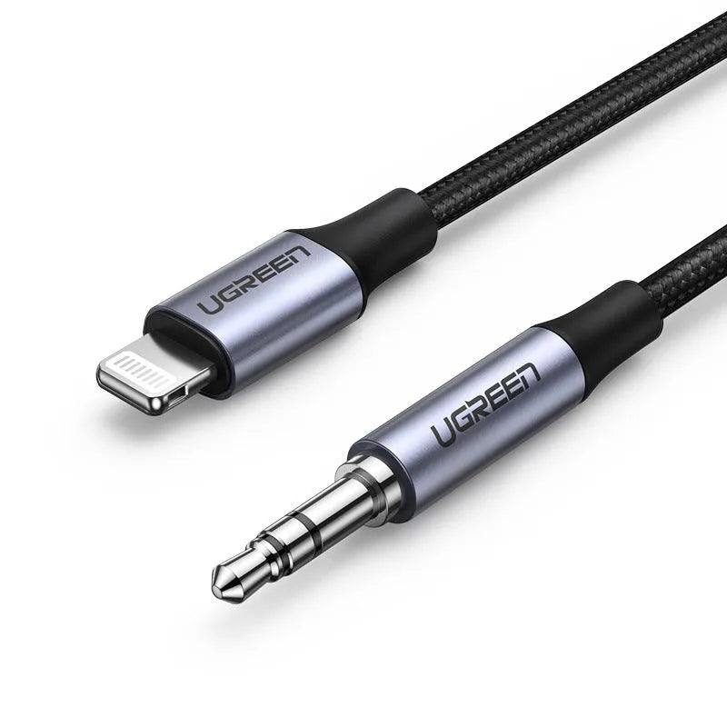 Black Apple Lightning to 3.5mm audio cable adapter with braided texture for car use