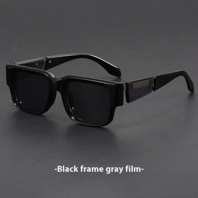 Retro square thick frame sunglasses with blue frame and gray blue lenses.