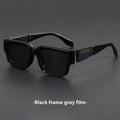 Retro square thick frame sunglasses with blue frame and gray blue lenses.