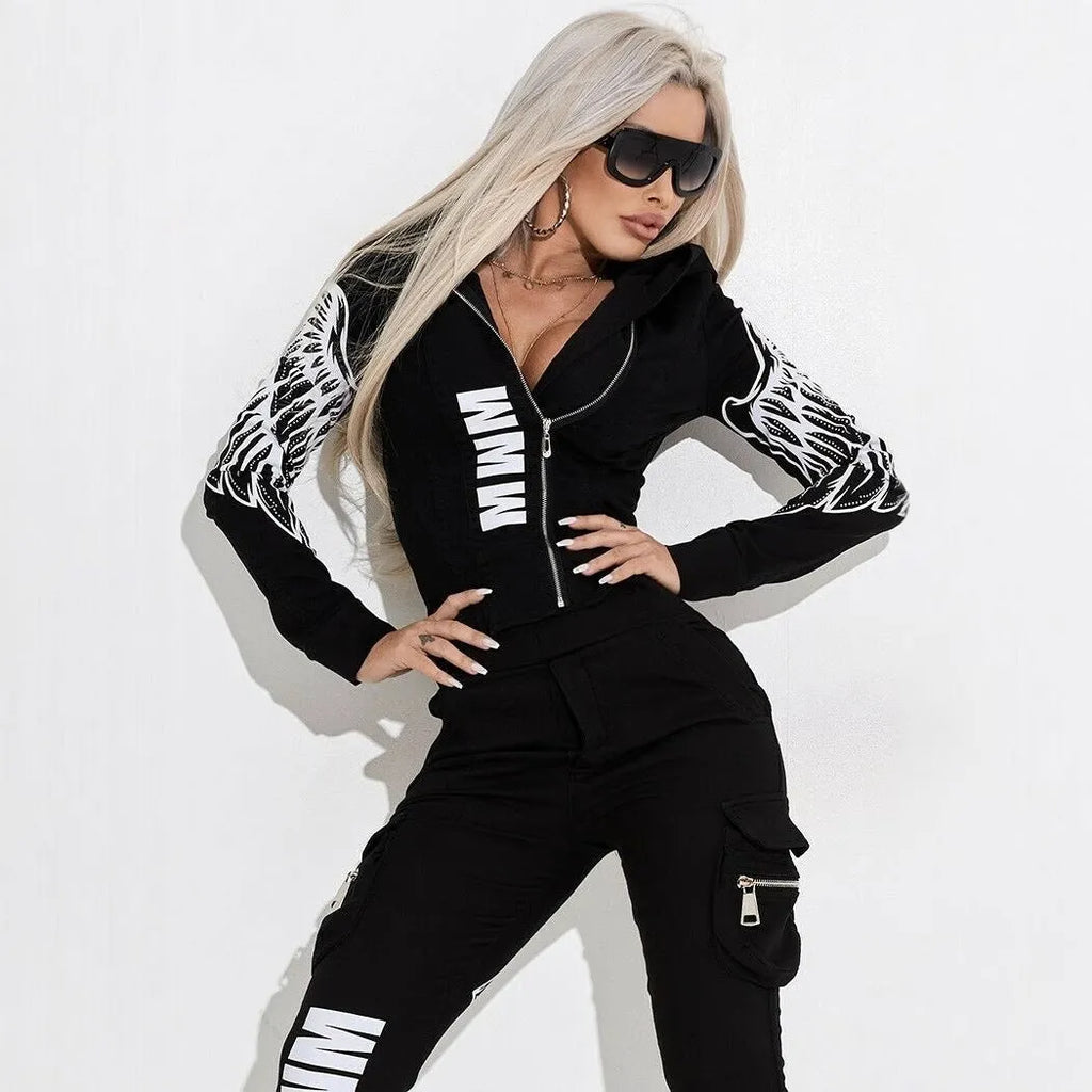 Black women's printed hooded zip-up top and matching trousers street suit.