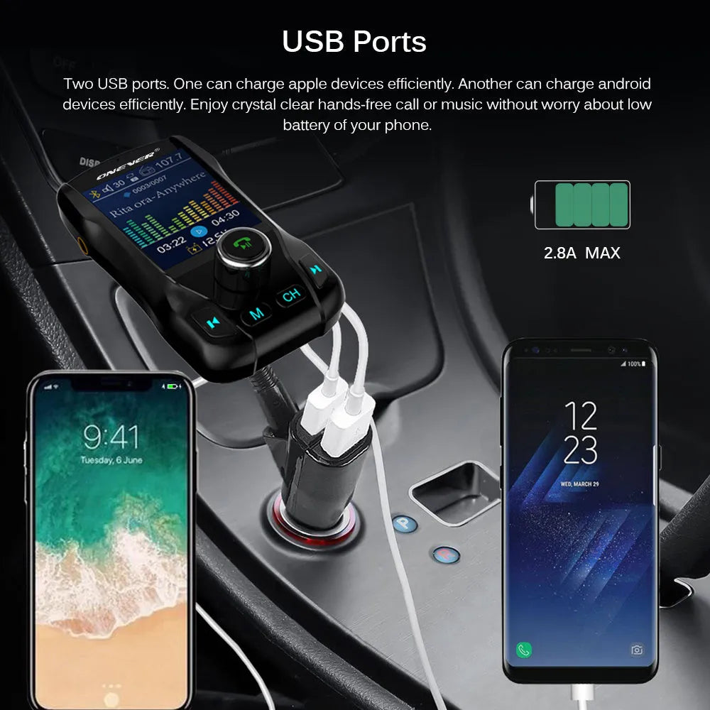 Black in-car Bluetooth FM transmitter with colour screen showing voltage, plugged into a car power socket.