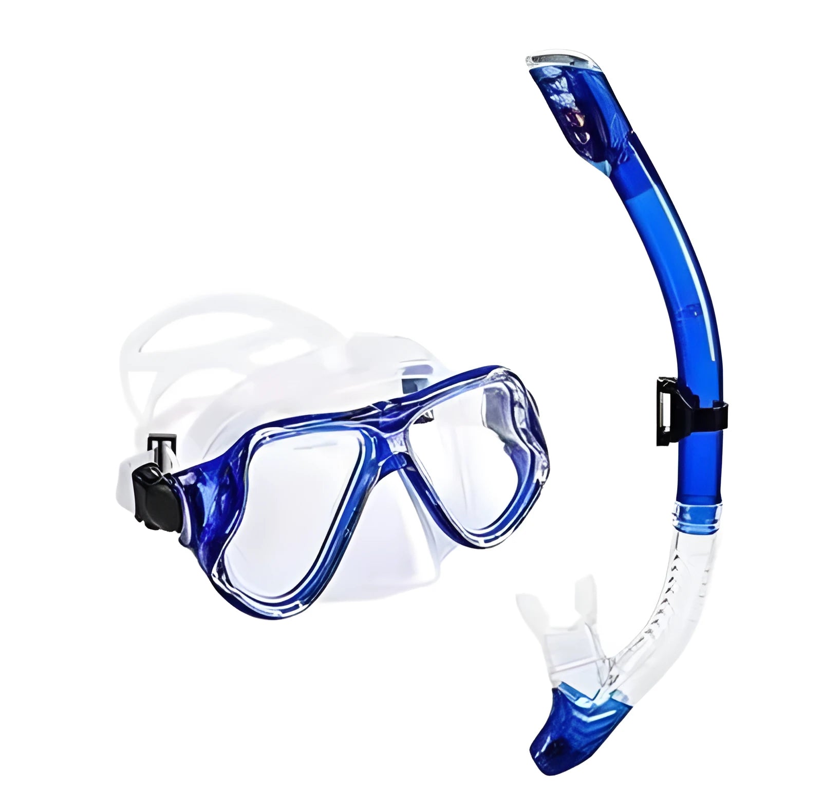 Black diving mask with anti-fog lens, PC frame, silicone strap, and silicone mouthpiece.