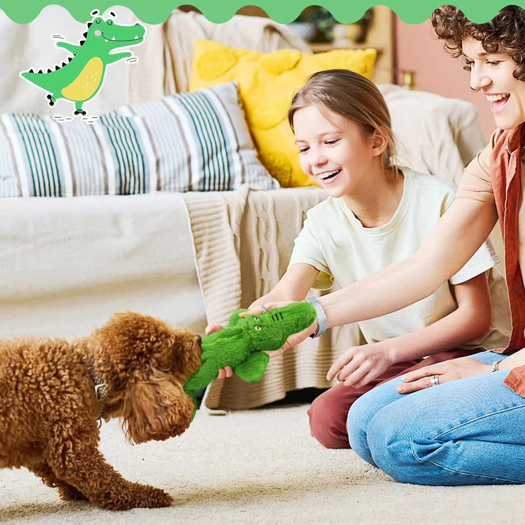 Green plush crocodile dog toy with no stuffing, squeaker in head, crinkle paper in tail, for aggressive chewers