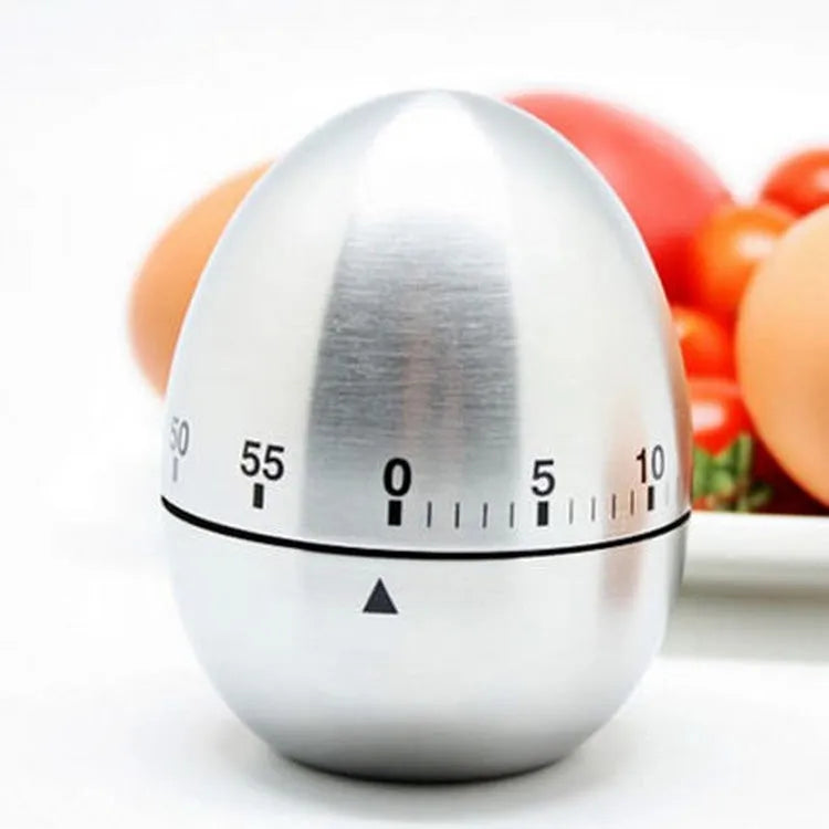 Stainless steel egg-shaped mechanical kitchen timer with dial showing 60-minute range
