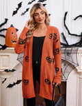 Women's black Halloween cardigan with Jacquard-knitted orange pumpkin head pattern and straight-cut design