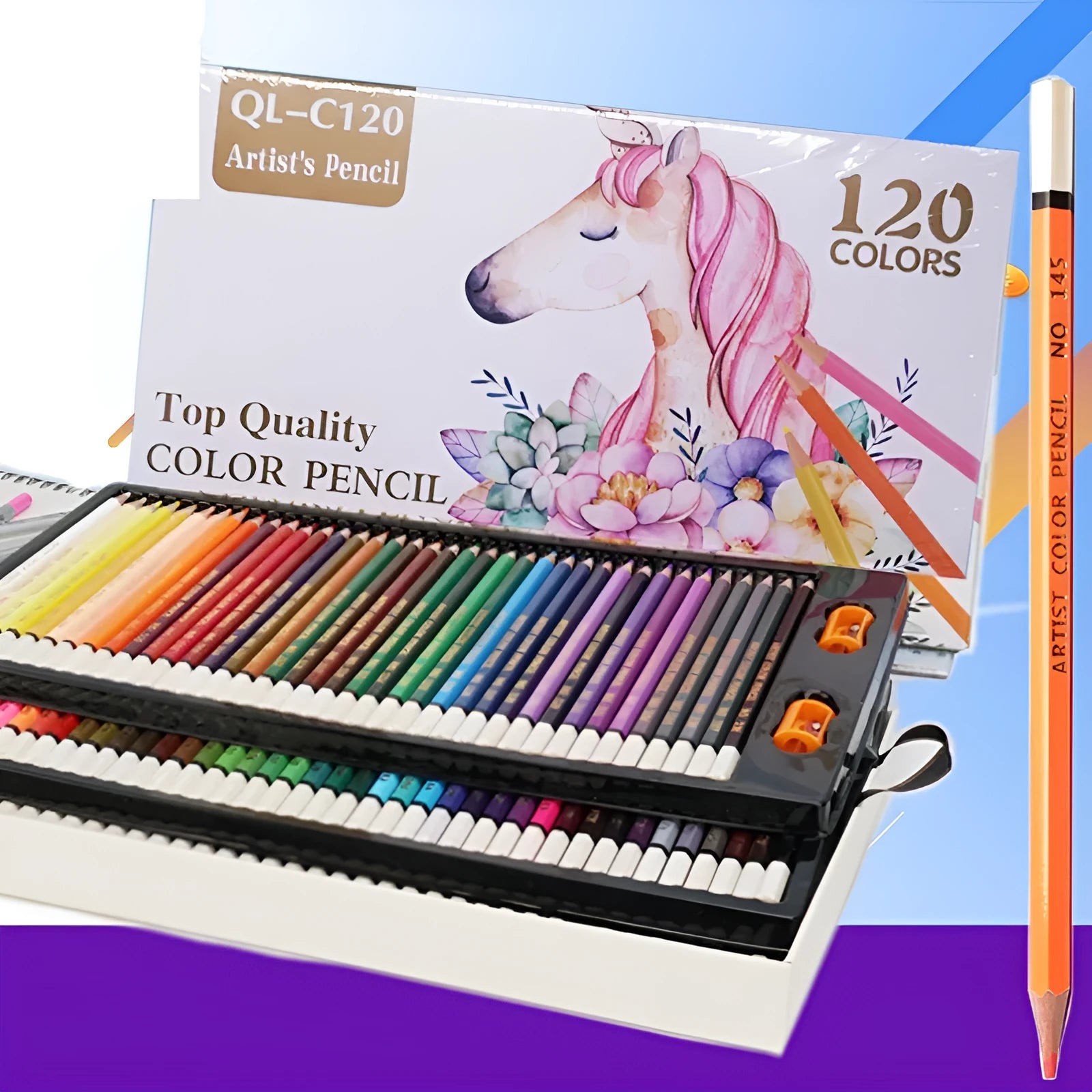 120 colored pencils with rosewood shells arranged in a wooden case