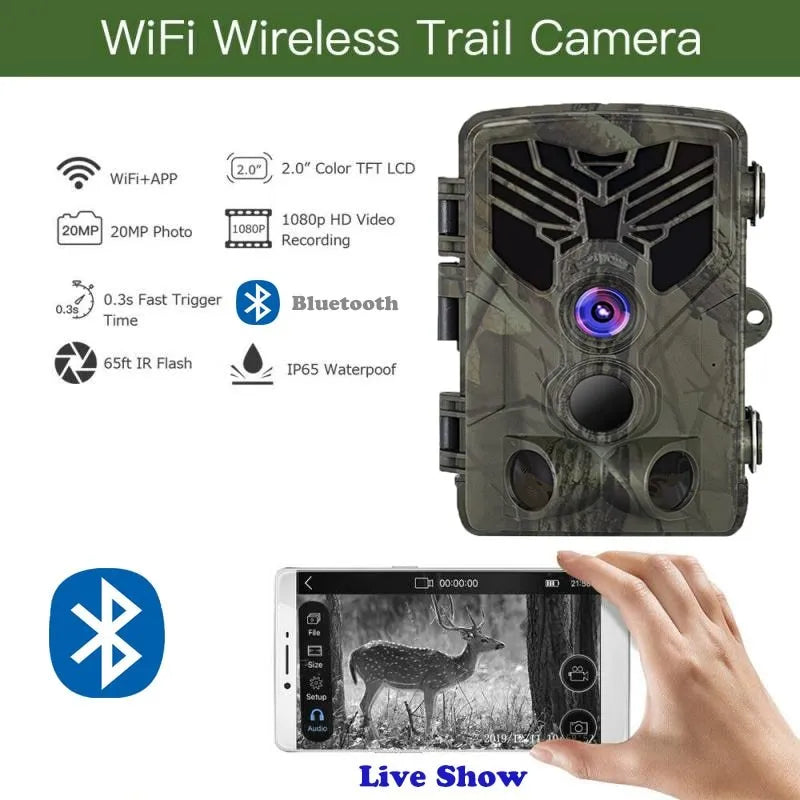 Wi-Fi830 compact trail camera showing lens, infrared LEDs, and belt mount strap.