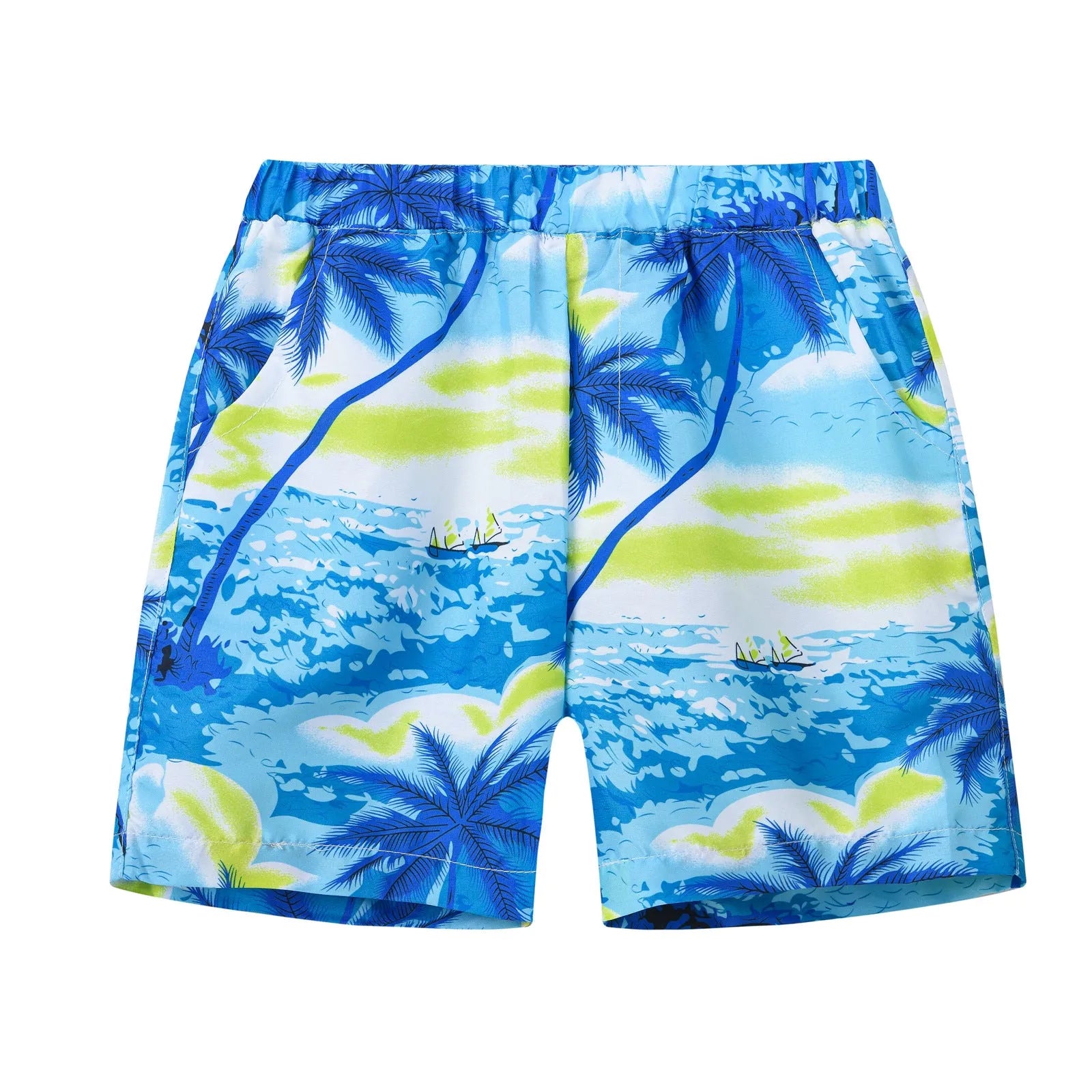 Printed beach shorts with elastic waistband in multiple colour patterns including coconut trees and pineapple design