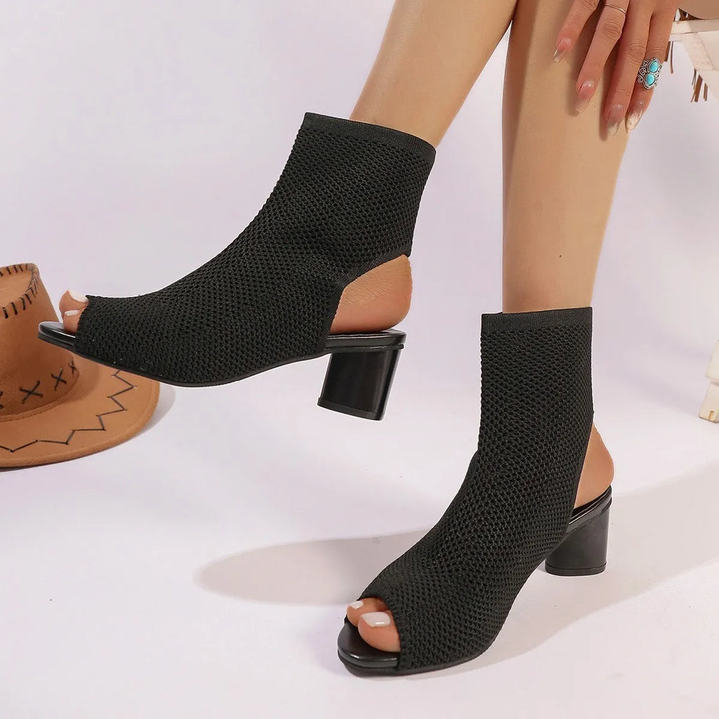 Fish mouth pointed-toe hollow knitted chunky heel ankle boots in black with fabric lining