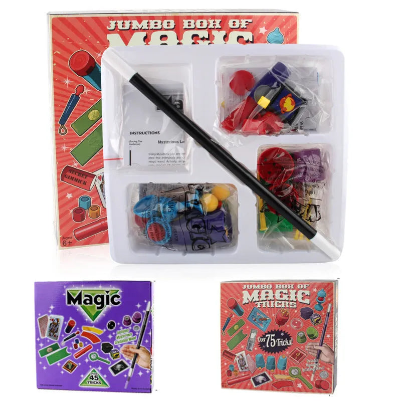 Children's magic trick set with plastic props in purple or red colours for ages 3-7