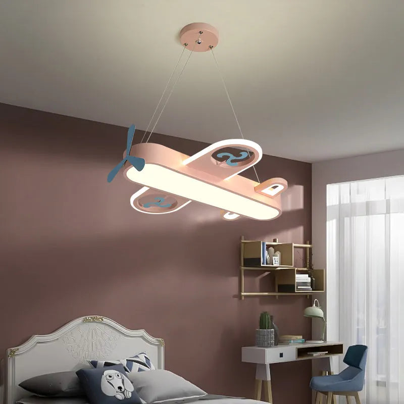 Children's room plane light LED cartoon chandelier in blue with three-colour dimming, 55cm diameter, iron and aluminum alloy