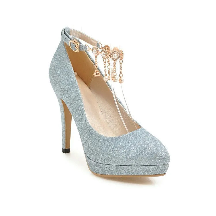 Women's solid colour platform stiletto high heels in blue, pink, gold, and silver.