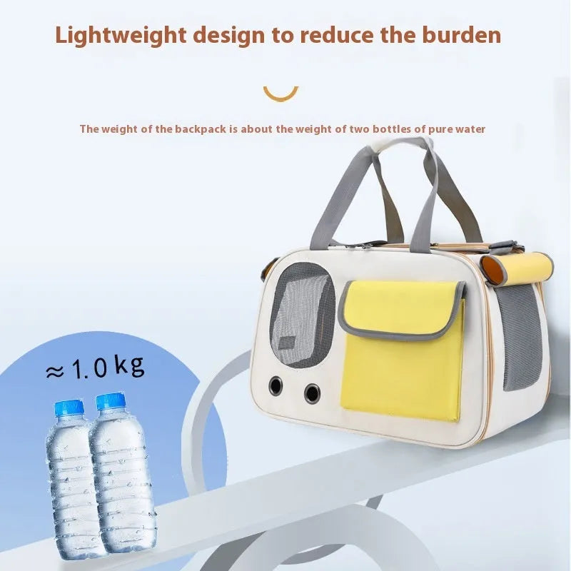 Foldable single shoulder pet carrier backpack in canvas material, shown in yellow colour.