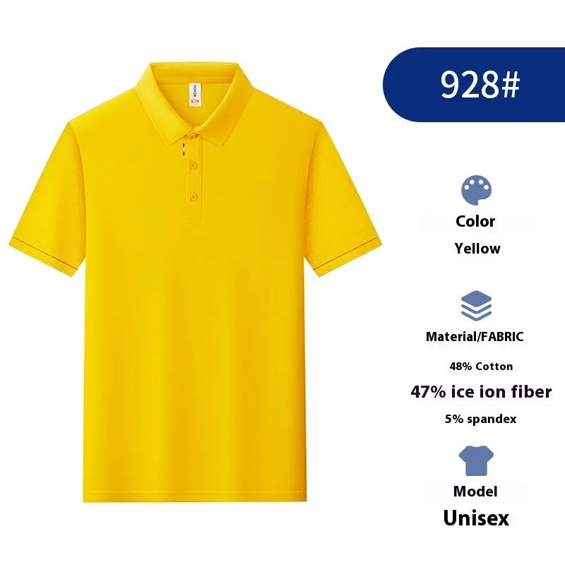Solid colour catering work polo shirt in ice silk fabric on a hanger, showing short sleeves and regular fit.