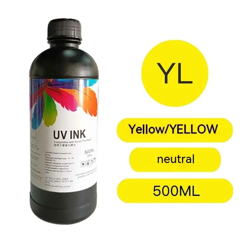 500ml bottle of Epson-compatible UV printer ink in black, cyan, magenta, yellow, light cyan, light magenta, white, and glossy colours.