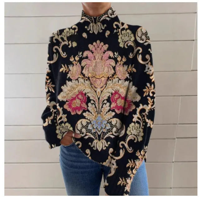 Black 3D pattern turtleneck long sleeve loose-fit pullover sweater on a hanger.