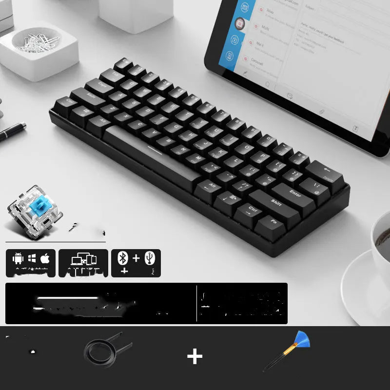 RK61 dual-mode wireless mechanical keyboard with 61 keys and a black detachable fabric carrying belt.