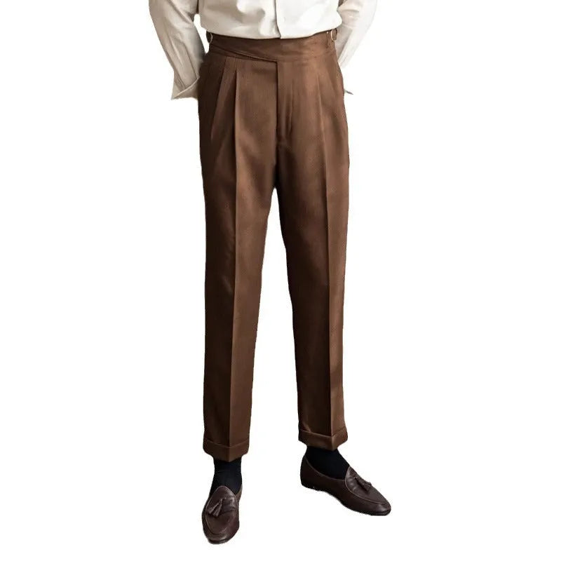 Men's high-waist straight-leg casual trousers in black polyester fabric