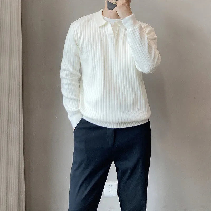 Men's loose grey knitted pullover sweater with long sleeves, rabbit fur modal fabric.