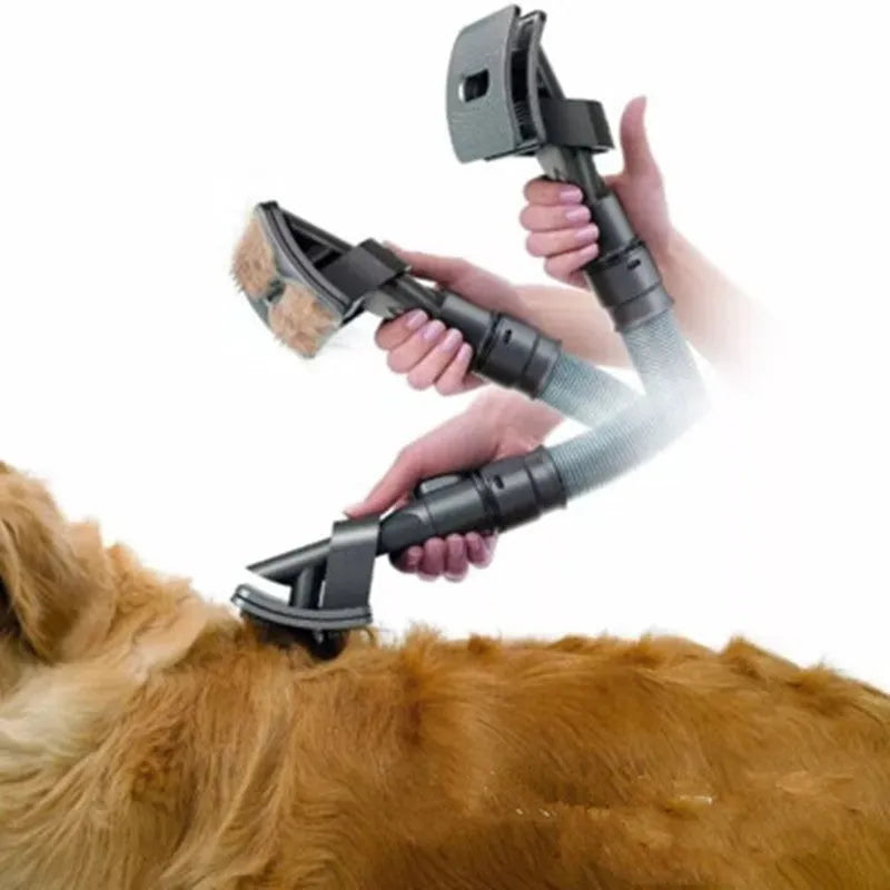 Deep grey pet grooming brush tool with vacuum attachment, 17 x 10 cm, on a plain background