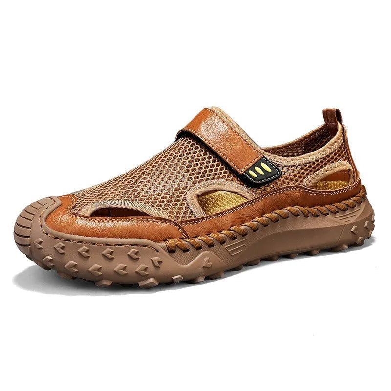 Men's casual sandals with breathable mesh upper and Velcro strap in black, brown, and grey.