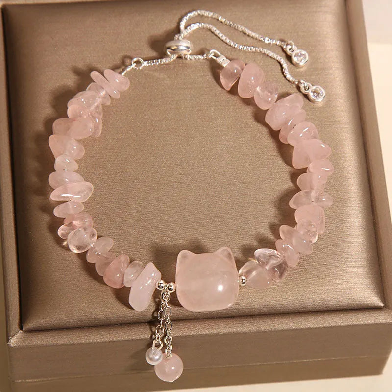 Women's crystal gravel bracelet with kitten charm in pink or agate colour.