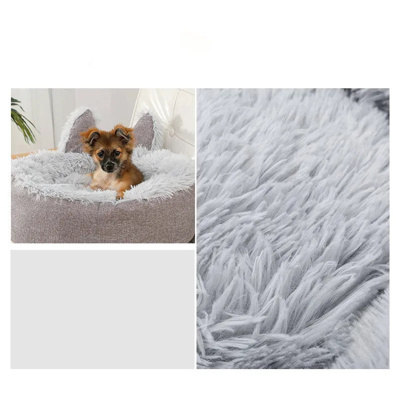 Plush faux fur circular pet bed for cats and small dogs in blue colour showing soft textured material