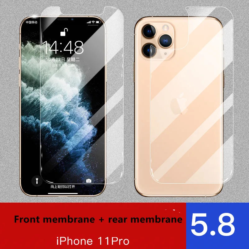 iPhone 11 Pro Max tempered glass screen protector with rear film and front film options.