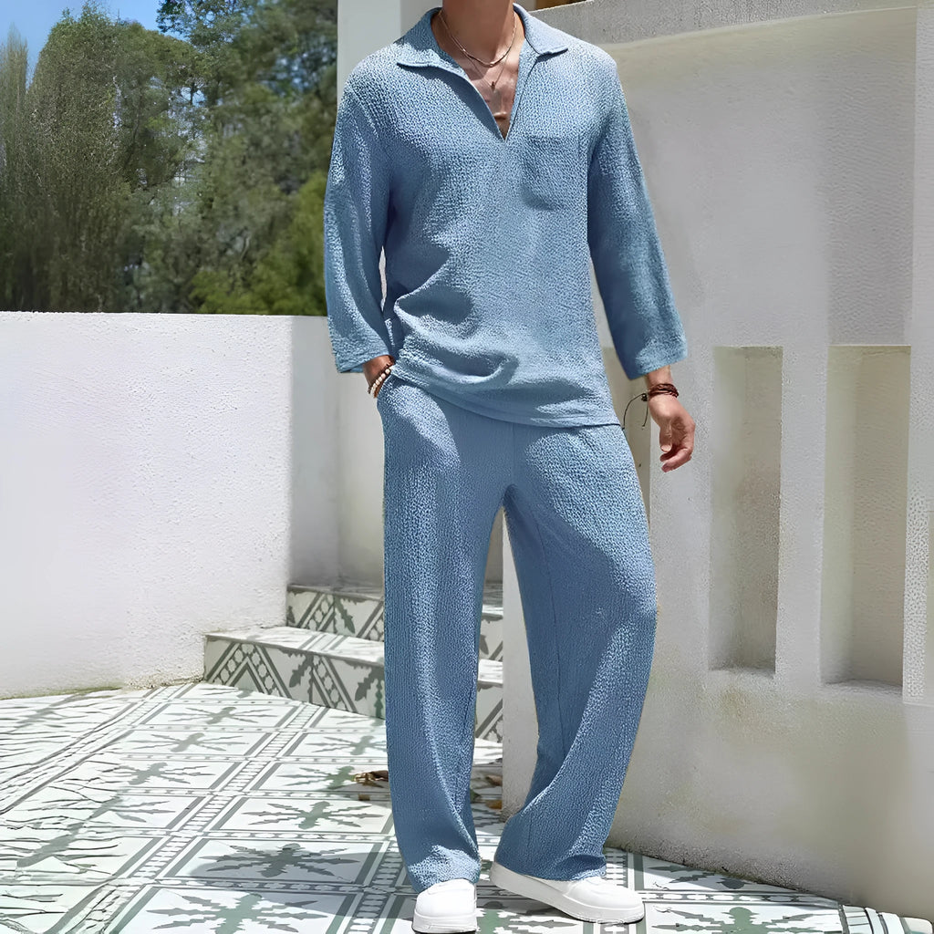 Men's casual shirt and trousers commuter suit set in lake blue, displayed on a hanger.