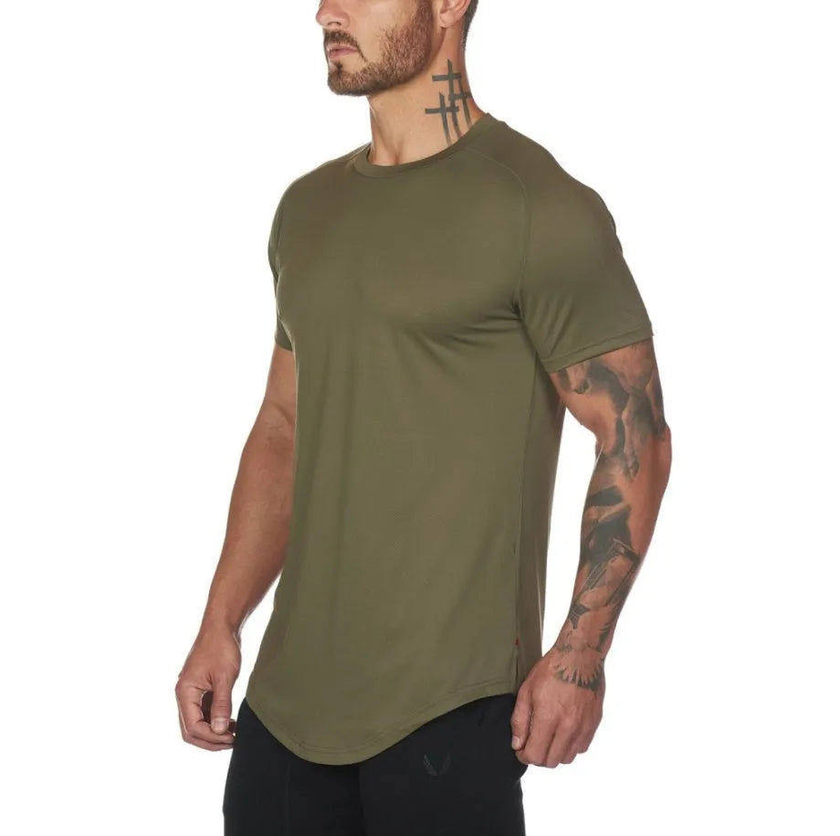 Custom mens fitness sports shirt in cotton-spandex blend, showing colour options: Army Green, Black, and White, some with a letter print.