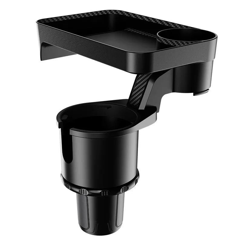 A black ABS plastic car-mounted rotating dinner tray holder inserted into a vehicle cup holder.