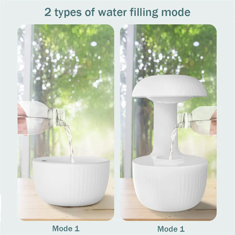 White anti-gravity humidifier showing water droplets levitating upwards from its mist outlet.