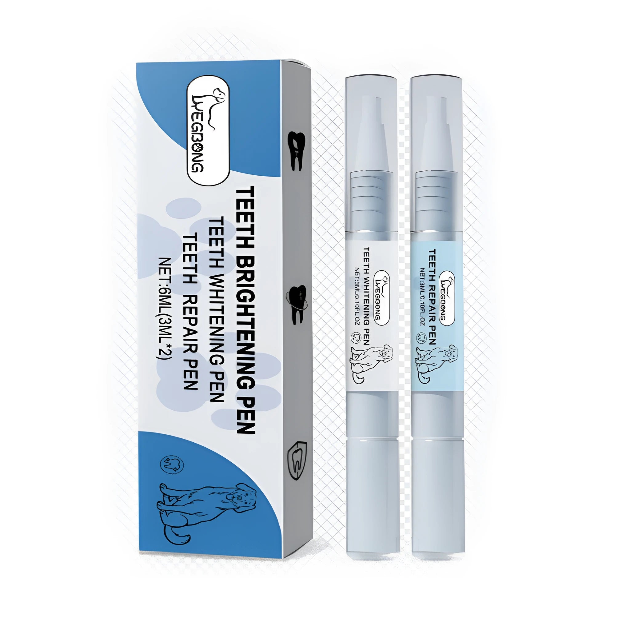 Pet teeth whitening and repair pen set showing two 12.8cm pens for dog and cat dental care