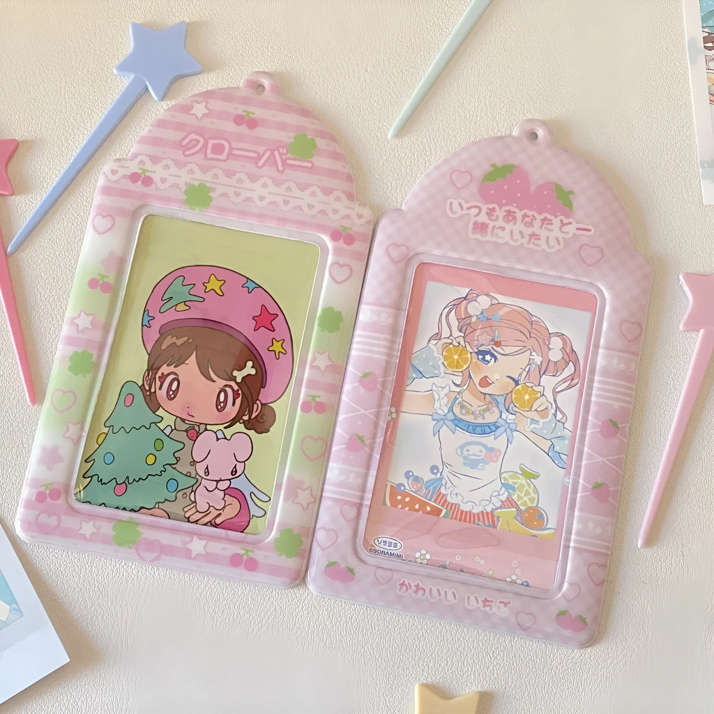 PVC card holder pendant with Strawberry or Four-Leaf Clover cartoon design on clear sleeve.