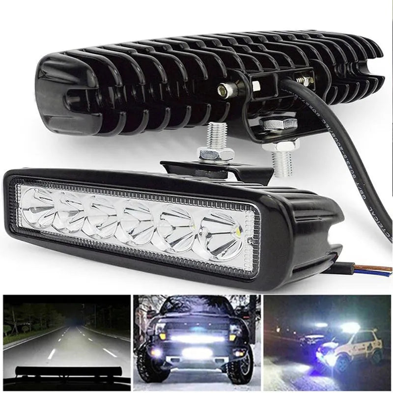 Black die-cast aluminium automotive auxiliary light with six LEDs and a mounting bracket.