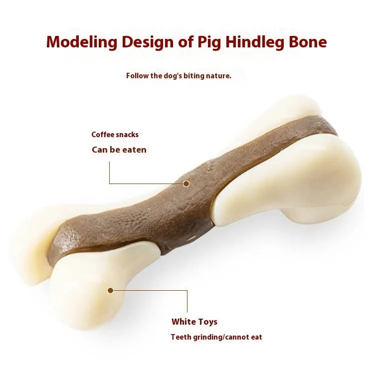 Dog chew toy grinding rod in foodie bones pattern with cowhide and nylon construction