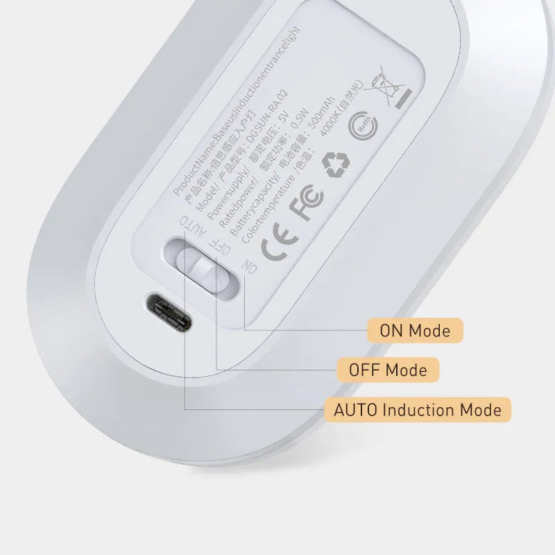 White magnetic human induction night light showing back lighting ring and compact 108x60x22mm size.