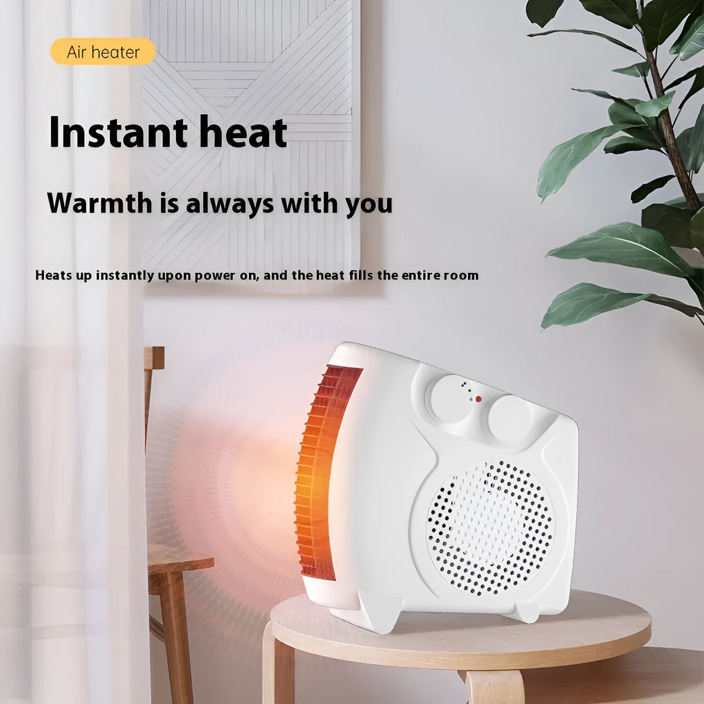 Compact white desktop electric heater with power settings and two-speed fan.