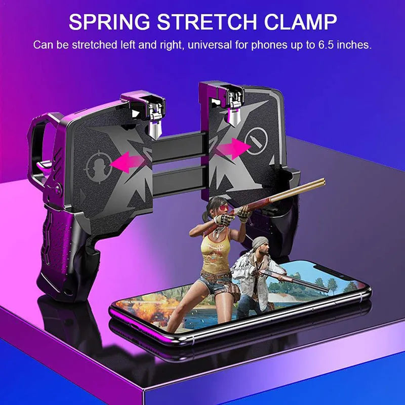 Black multi-function gamepad with zinc alloy trigger and phone holder for 4-6.5 inch smartphones.