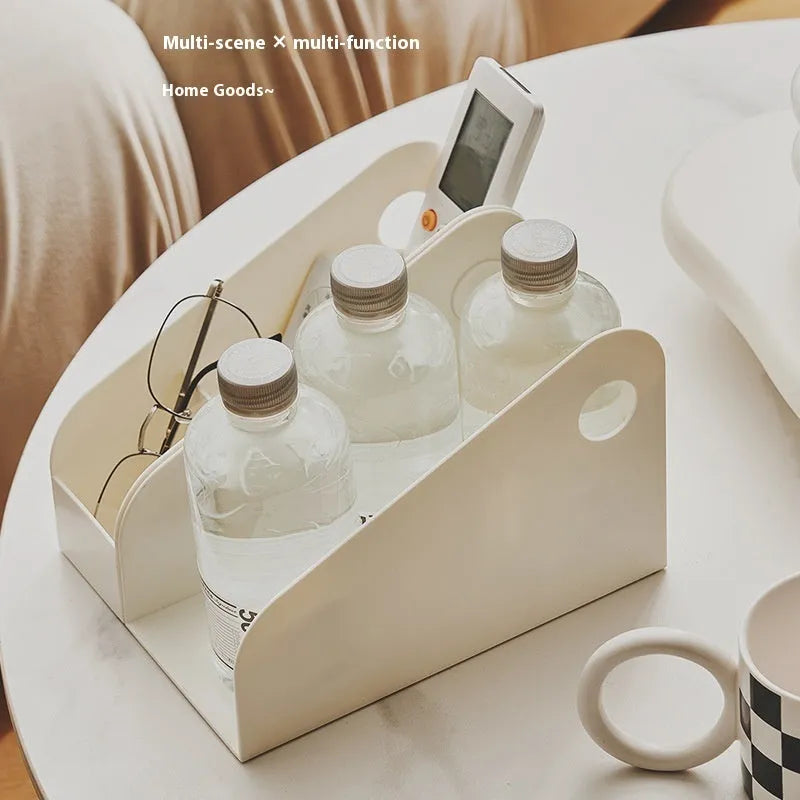 Milk coffee coloured plastic desktop storage box with two internal organiser grids for stationery.