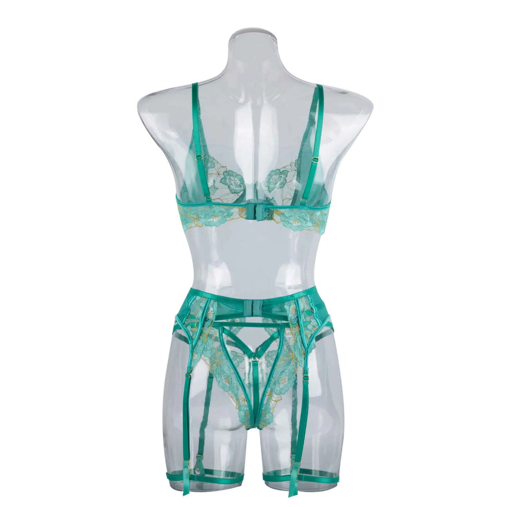 Light green women's bra set with embroidery detail and matching bikini bottoms