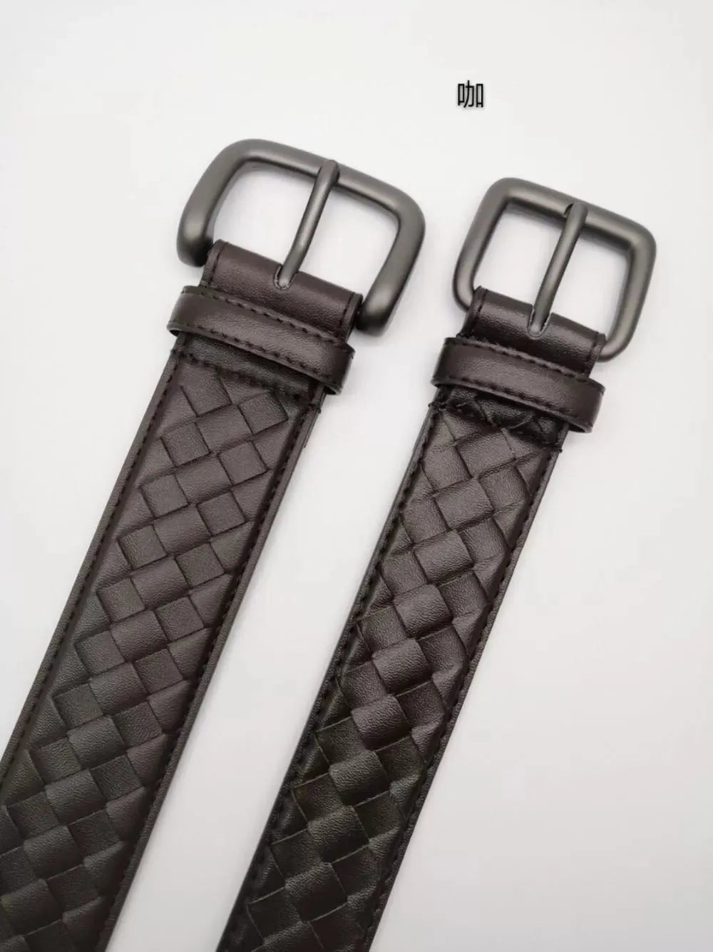 Children's top layer cowhide belt with copper needle buckle, embossed geometric pattern, coffee colour, 3.5cm width