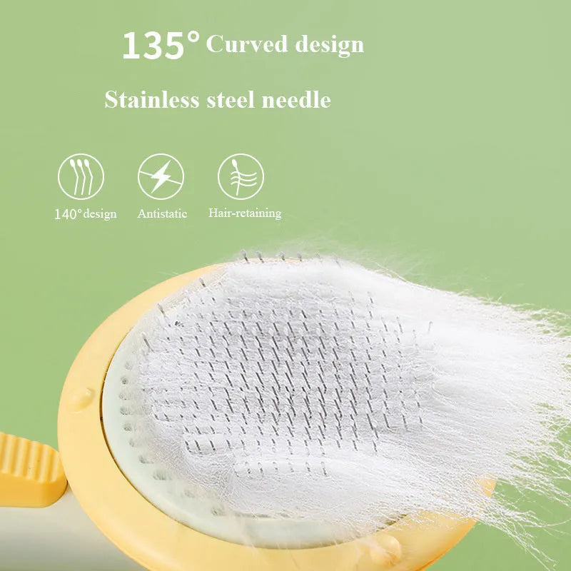 Pumpkin-coloured hand-held pet brush with curved stainless steel teeth for grooming cats and dogs