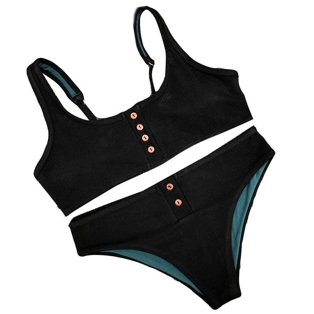 Women's solid colour bikini set with push-up padded bra and buttons, black, blue, white options, sizes S to XL