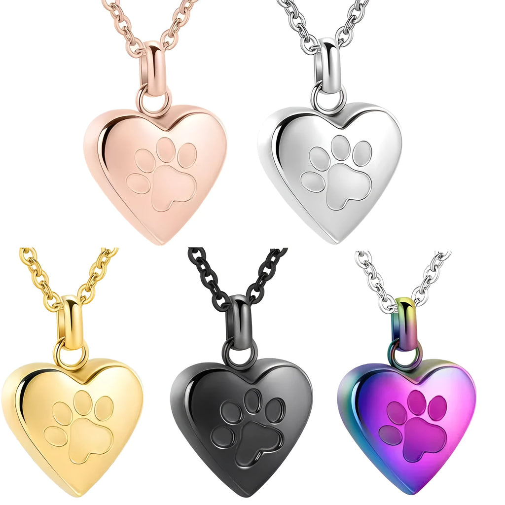Simple titanium steel heart-shaped necklace with paw print and openable casket pendant.