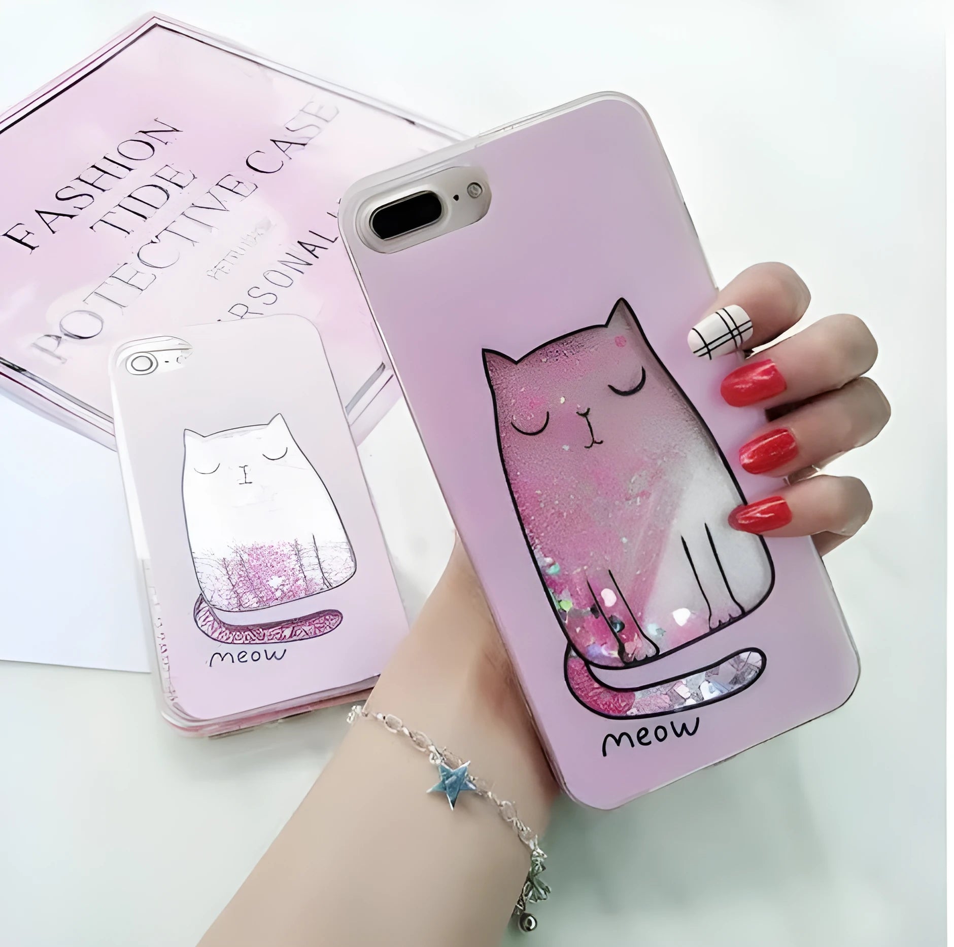 Set of four glittery cat-themed phone cases for iPhone models 6 through to X.