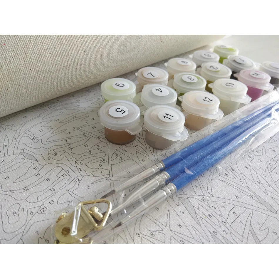 40x50cm landscape paint by numbers kit showing numbered linen canvas and set of acrylic paints