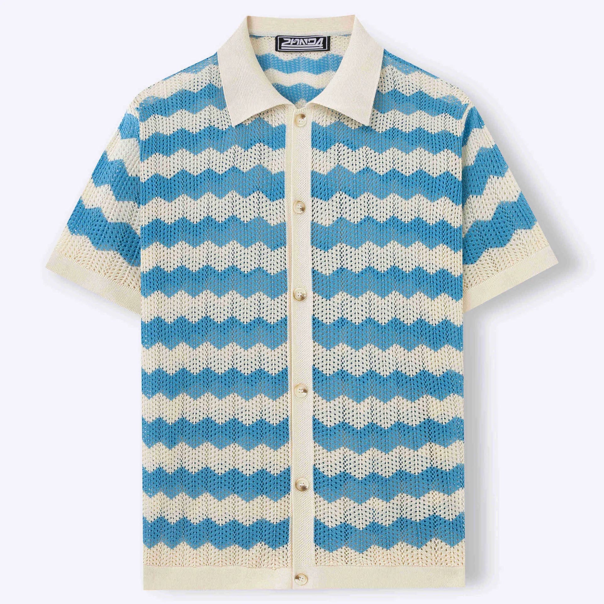 Man wearing a blue short-sleeve sweater with a textured jacquard knit pattern.